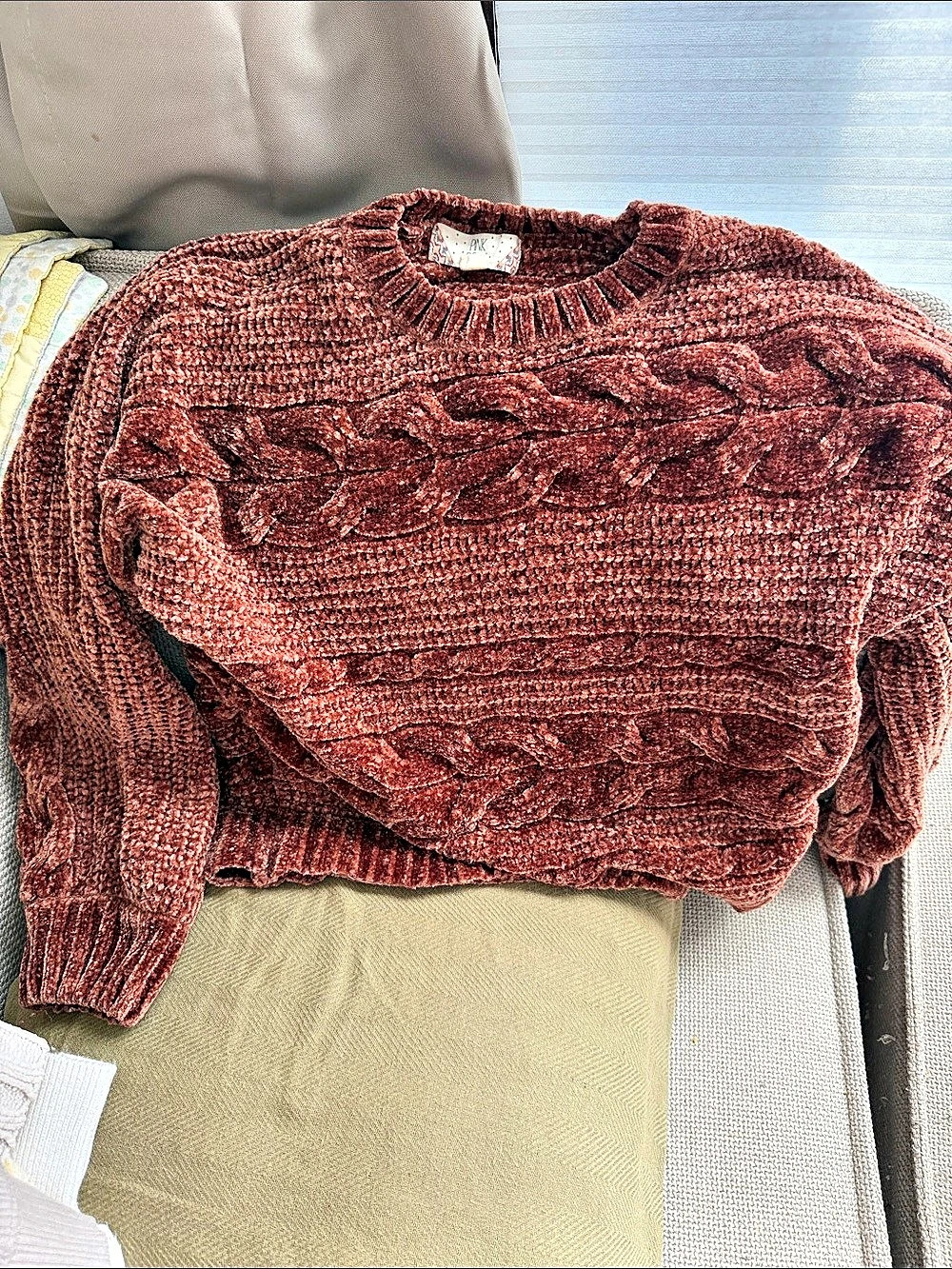 Pink Rose Crew Neck Chenille Sweater Brown XS